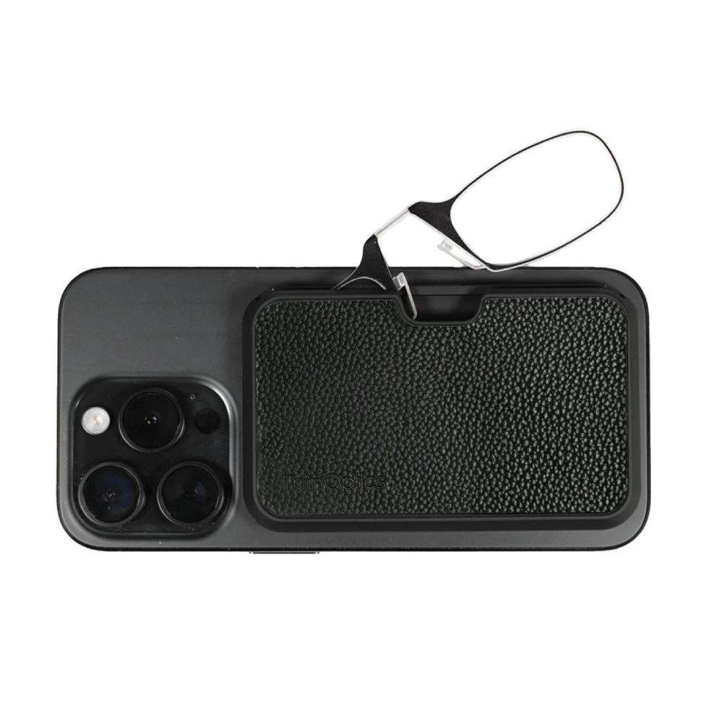 Очки для чтения с чехлом из искусственной кожи с поддержкой MagSafe. ThinOptics Readers + Black MagSafe Faux Leather Universal Pod